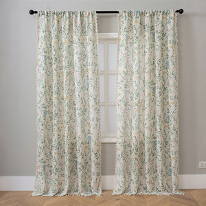 Panneaux de rideaux imprimés en voile floral semi-transparent avec passe-tringle et pompons pour fenêtre, chambre à coucher, vente en gros, OEM, ODM - Product Image 1