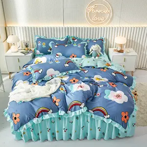 New In 2022 Class A Knitted Cotton Three Or Four Piece Fungus Lace Bed Skirt Quilt Cover Pillowcase