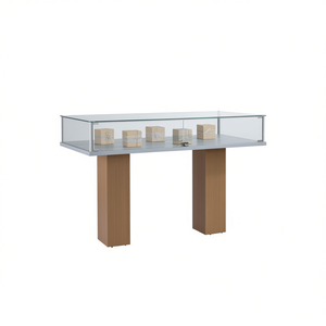 Vitrine de présentation moderne de 120 cm de large, gris clair, avec verre trempé et portes battantes verrouillables sur piédestaux en bois - Product Image 2