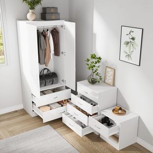 Set di Mobili per Camera da Letto in 3 Pezzi Bianco Lucido: Armadio a 2 Ante con 2 Cassetti, Cassettiera a 4 Cassetti e Comodino - Product Image 5