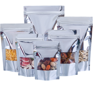 Tùy chỉnh Shinny bạc có thể khóa lại lá nhôm đứng lên dây kéo túi Mylar có cửa sổ để lưu trữ thực phẩm đóng gói bằng chứng Mùi - Product Image 1