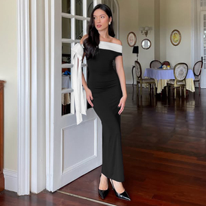 Wholesale Off Shoulder Dress Solid Color Bodycon Midi with Tie Detail Summer New Arrival for Women - Product Image 4