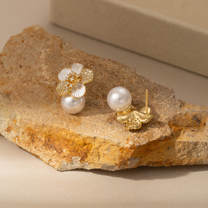 Camellia Pearl Stud <b>Earrings</b> Gold Flower Design 14k Gold <b>Post</b> EDB-059 - Product Image 3