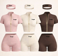 Ensemble de salon 3 pièces pour femme, vêtements d'été, veste à manches courtes zippée avec bandeau et short, ensembles d'entraînement personnalisés pour femme