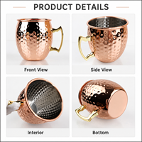Mug à cocktail Moscow Mule en acier inoxydable martelé à la main, plaqué cuivre, avec poignée dorée et logo personnalisé gravé, pour service de bar (vente en gros)