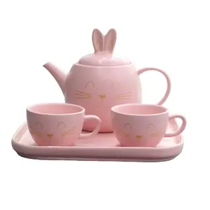 热销彩色釉面可爱兔子茶壶套装儿童茶杯和木托盘
