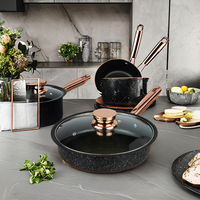 Batterie de cuisine ensemble de casseroles et de poêles ensemble de marmites antiadhésives pierre médicale en fonte avec couvercle en verre Offre Spéciale 8 pièces en métal noir