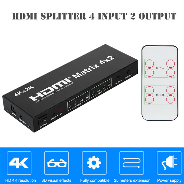 Xput 4X2 HDMI Matrix 4 in 2 Out HDMI Switch Splitter Support 4K HD Video With Independent Audio Output Port