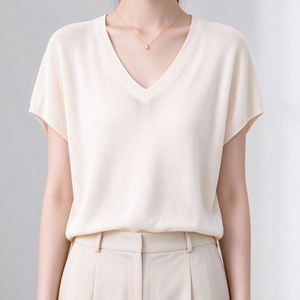 Haut en tricot personnalisé à col en V et manches courtes, respirant, décontracté, pour l'été, vêtements en tricot pour femmes - Product Image 6
