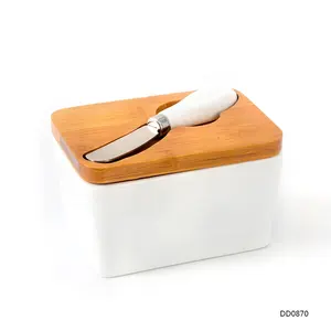 Branco Retângulo hermético recipiente caixa detentor de manteiga Manteiga De Porcelana Cerâmica Prato de Manteiga com Lábio e Faca De Madeira