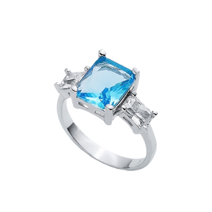 Anillo Clásico de Plata de Ley 925 Hecho a Mano para Mujer con Aguamarina de Corte Rectangular y Circonita de Corte Baguette, Venta al por Mayor para Bodas - Product Image 1