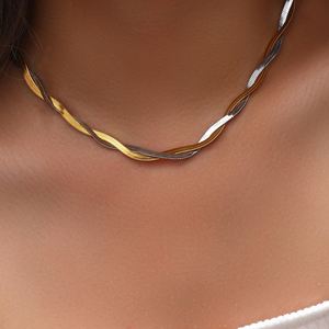 18k Real Pvd Gold Plated Stainless Steel Braided Flat Snake Chain Double Layer <b>Choker</b> Necklace for Fashion Women Jewelry - Product Image 1