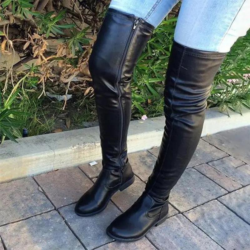 व्यस्त लड़की MF2111 महिलाओं के फ्लैट चमड़े जांघ उच्च काले रबड़ के जूते जिपर प्लस आकार के साथ घुटने उच्च जूते