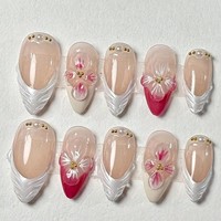 Ongles à presser Zimocepuz en forme d'amande, plaqués or 3D, rouges et verts, en plastique, design rétro, pré-dessinés, réutilisables, pour femmes
