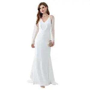 فستان ذيل سمكة بأكمام شبكية أنيقة فساتين زفاف فاخرة للسيدات ثوب رسمي كامل فستان زفاف عربي