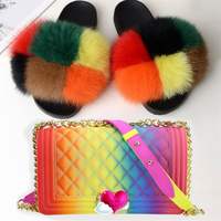 Ensembles de pantoufles en vraie fourrure de renard personnalisées pour femmes, avec sacs à bandoulière en PVC imperméable et pantoufles fourrées tendance