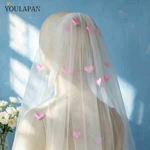 Voile de mariée court YouLaPan V271 rose romantique à motif cœur, en tulle blanc transparent, avec peigne à cheveux pour fête de mariage - Product Image 2