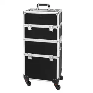 Factory Supply 4 in 1 Professional Makeup Case Nail Hairdressing Beauty Cosmetics Case Rolling Trolley Suitcase with Wheels