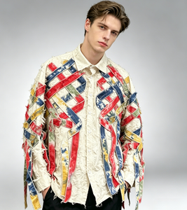 Chemise décontractée en flanelle texturée <span class=keywords><strong>à</strong></span> boutons, multicolore, tie-dye, patchwork de rubans, franges, bretelles, coupe oversize, avant-gardiste pour homme - Product Image 4