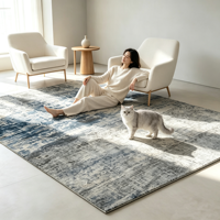 Tapis persan vintage à motifs floraux gris et bleu, effet vieilli, lavable, antidérapant, en polyester, décoration personnalisée pour la maison