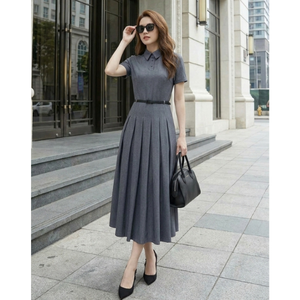 Vestido Midi Azul Grisáceo para Mujer, Estilo Oficina, Manga Corta, Cuello Camisero, Cinturón, Falda Plisada en Línea A, Ropa de Trabajo Elegante, Listo para Enviar - Product Image 1