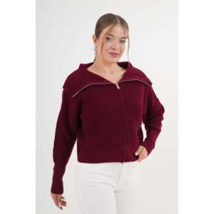 Cárdigan de Punto Borgoña para Mujer, con Cierre, Cuello Alto, Casual, Antipilling, Estilo Simple y Moderno - Product Image 4