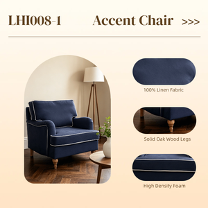 Poltrona Hampton Blu Navy 100% Lino con Gambe <span class=keywords><strong>in</strong></span> <span class=keywords><strong>Legno</strong></span> di Quercia Massello, <span class=keywords><strong>Seduta</strong></span> Imbottita <span class=keywords><strong>in</strong></span> Schiuma, Sedia Singola <span class=keywords><strong>per</strong></span> Soggiorno e Hotel - Product Image 2