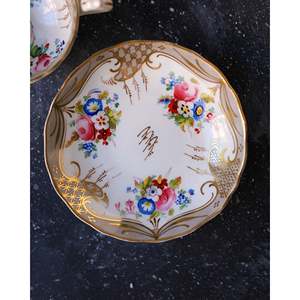 Gabriella P. Antique Early 19th Century <b>Cup</b> Set Hand-Painted Grey Edge and Flowers PC Material <b>Tea</b> <b>Saucer</b> Set - Product Image 2