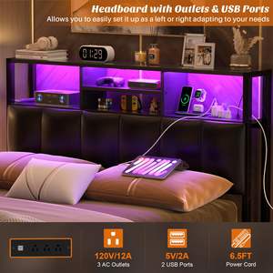 Tête de <span class=keywords><strong>lit</strong></span> pour <span class=keywords><strong>lit</strong></span> double avec rangement, rembourrée, avec prises USB et éclairage LED, réglable en hauteur, noire - Product Image 3