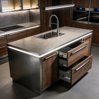 Îlot de cuisine moderne en PVC laqué brillant avec design bicolore et tiroirs de rangement