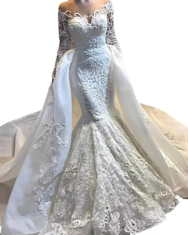 2022 New 2 Pieces Mermaid Wedding Dresses With Detachable Train Full Sleeves Big Bow Beaded Bridal Gowns Button