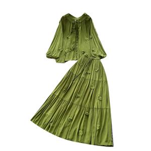 Sanfter Stil Elegantes 2-teiliges Set Damen Herbst Sweet 3D Flower Tie Laterne Ärmel Top Hohe Taille Ausgestellter Midirock - Product Image 5