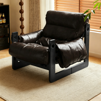 Fauteuil simple en cuir ciré de style rétro ; Fauteuil confortable avec structure en bois massif, adapté aux salons et aux hôtels