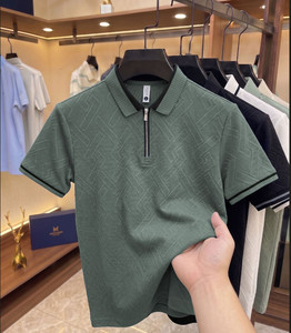 Fashion Men Solid Color <strong>Zip</strong> <strong>up</strong> <strong>Polo</strong> Shirt Jacquard Splicing Casual Short Sleeve Tops - Product Image 1