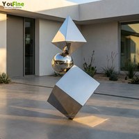 Patung Kubus Geometris Bertumpuk dari Baja Tahan Karat, Bola, Piramida, Cermin, Seni untuk Halaman Luar Ruangan, Plaza