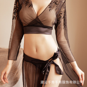 ชุดชั้นในเซ็กซี่ Qianxiu ชุดนอนผ้าตาข่ายปักลายสองชิ้น ชุดเซ็กซี่ซีทรูสำหรับผู้หญิง ส่งแบบดรอปชิปปิ้ง - Product Image 5