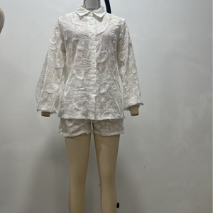 Women's New <b>Sexy</b> Lace Embroidery See-through Shirt High-waisted Shorts 2-piece <b>Set</b> Fashion - Product Image 5