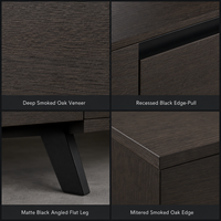 Konsol TV Midnight Nordic Veneer Kayu Oak Asap Kaki Miring Hitam Matte Pegangan Samping Tersembunyi OEM Grosir