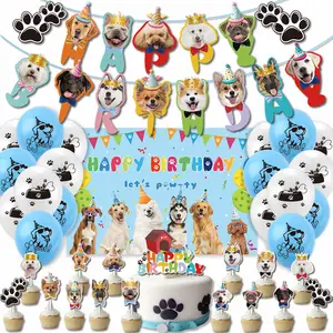 Pet Dog Blue Birthday Party Supplies Happy Birthday Dogs Banner background Cupcake Toppers Set di palloncini in lattice stampati