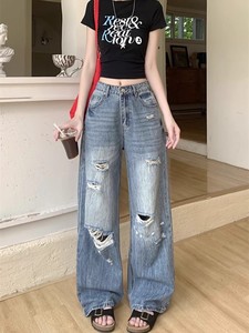 Pantalones Vaqueros Anchos de Cintura Baja Desgastados, Estilo Moderno y Versátil, que Cubren las Caderas, para Mujer - Product Image 2