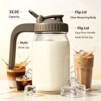 Pichet en verre Mason à large ouverture de 32 oz avec couvercle à clapet, pot à lait en verre anti-fuite pour café froid, jus, lait