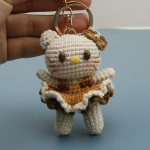 Porte-clés chat en crochet fait main avec nœud, chat blanc et brun avec nœud perlé, robe à volants, fermoir mousqueton doré, breloque <span class=keywords><strong>de</strong></span> sac - Product Image 4