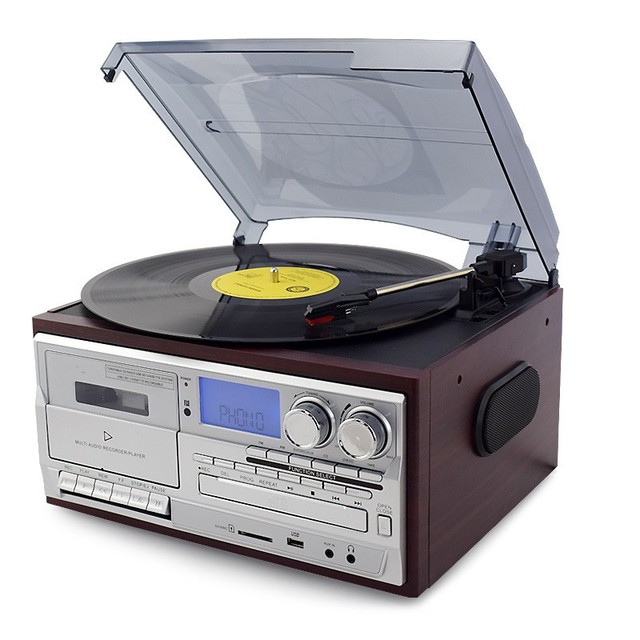 Retro 10-in-1 Turntable with BT CD Player Cassette FM Radio Vintage Gramophone All-in-One Music Center & Living Room Decor