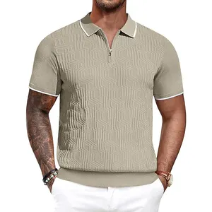 Мягкая ткань геометрической текстуры контрастных цветов рубашки поло с коротким рукавом на молнии текстурированные трикотажные рубашки поло для мужчин