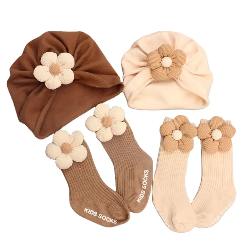 Baby Girls Hat Socks Set 0-12 Months 3D Flower Cotton Socks and Turban Newborn Hat Sock Set Wholesale