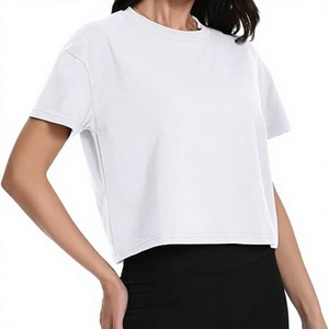Women's White Gym <b>Cropped</b> T-Shirt Short Sleeve Crew Neck Workout Solid Color Knitted Cotton <b>Top</b> - Product Image 1