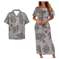 Tenues de couple tropicales grises assorties : Ensemble robe Puletasi deux pièces à épaules dénudées pour femme et chemises hawaïennes Luau assorties pour homme