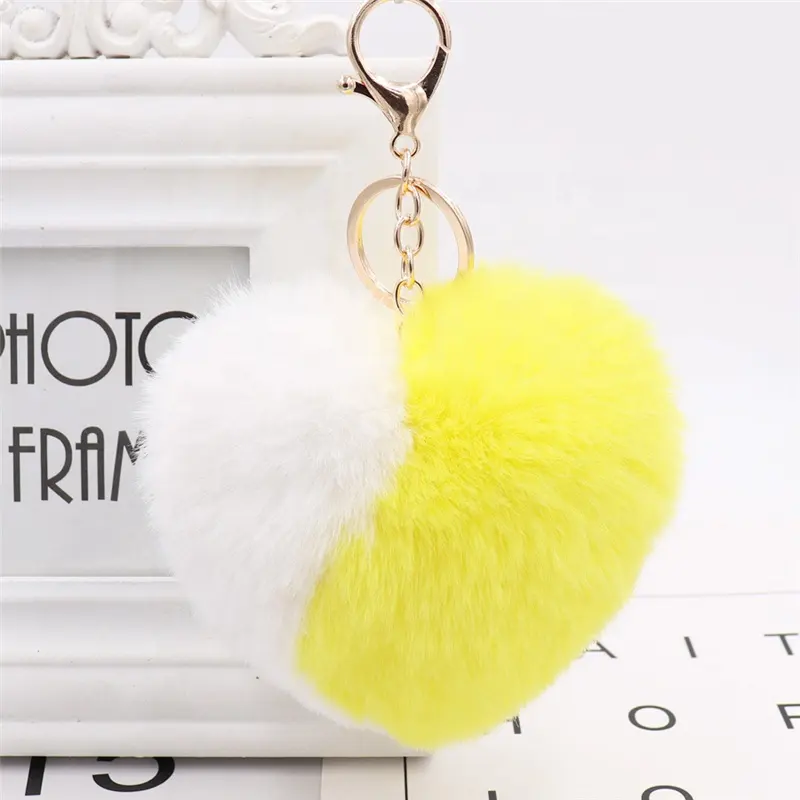 Fancy Double Contrast Color Plush Key Chain Luxury Fluffy Heart Shaped Soft Toy Fur Rabbit Pom Pom Keychain