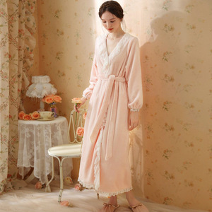 Automne et hiver Sexy dentelle Robe <span class=keywords><strong>polaire</strong></span> pyjamas femmes palais Style Vintage longue longueur épaissie chaleur-garder la maison vêtements - Product Image 3