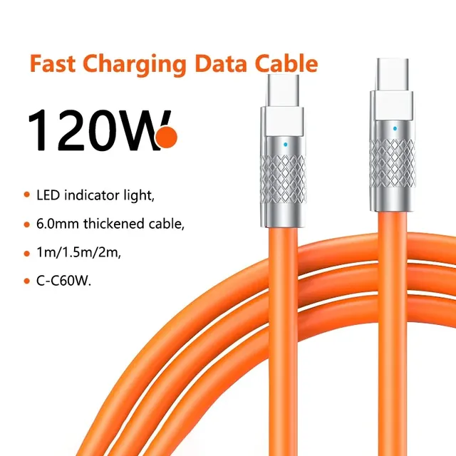 120W USB C to C Fast Data Charge Cable 6A Zinc Silicone for iPhone 15 Samsung Android Printers Smart Type-C Mobile Phone Cable